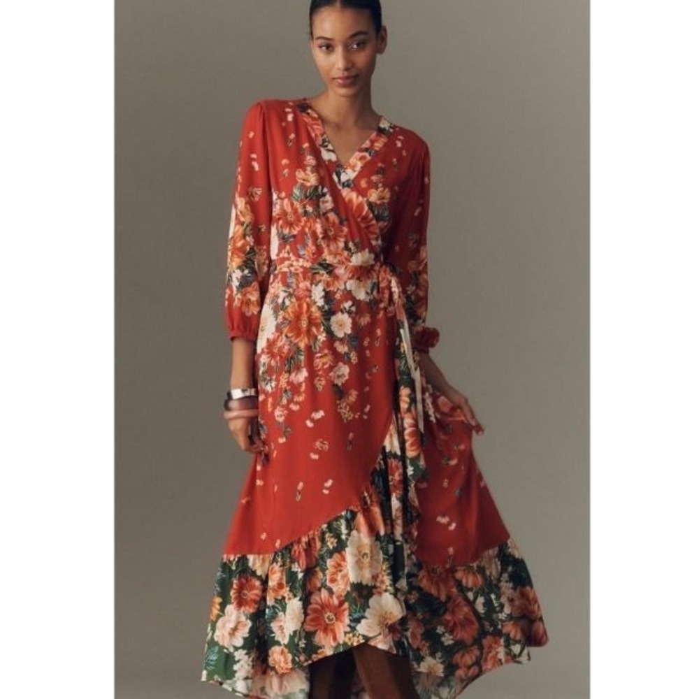 Farm Rio X Anthropologie Red Floral Wrap Maxi Dress Size S Ruffle Hem Tropical